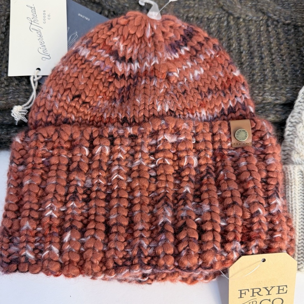 Bundle All NWT (2) Frye & Co Cable Knit Pom Beanies Hats, Universal Thread Scarf - Picture 2 of 14